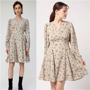 MOUSSY Floral Print Taupe Puff Long Sleeve Fit & Flare Dress Sz:1/Small